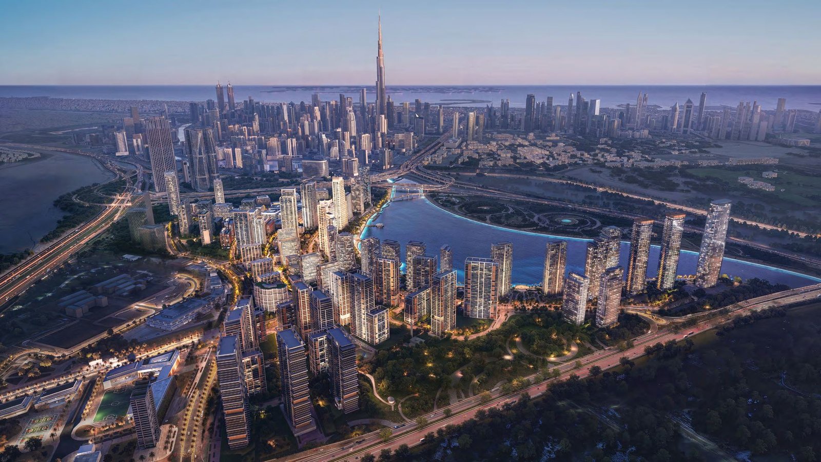 Dubai Design District at dusk with the Downtown skyline beyond