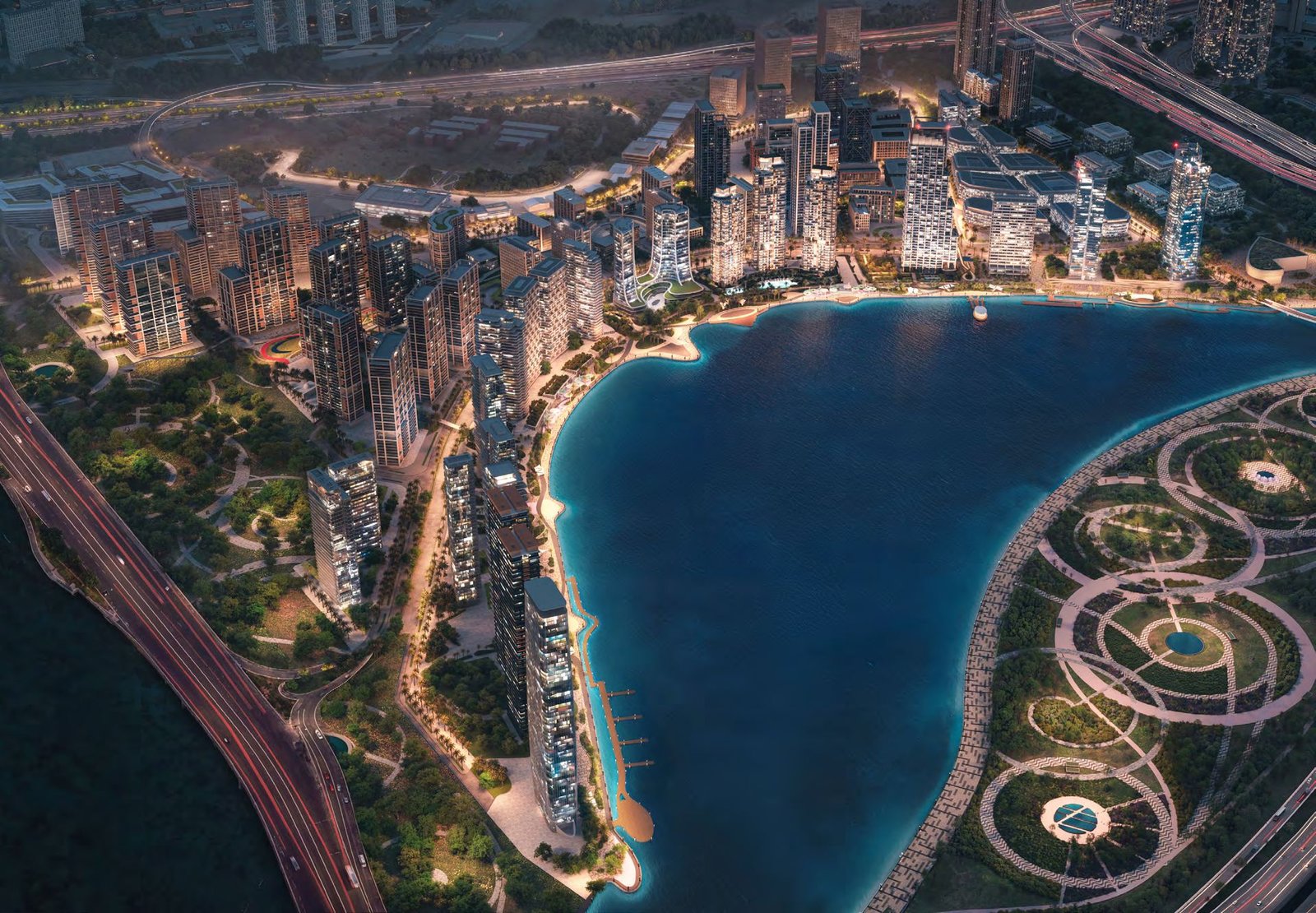 Night aerial of the new Dubai Design District masterplan