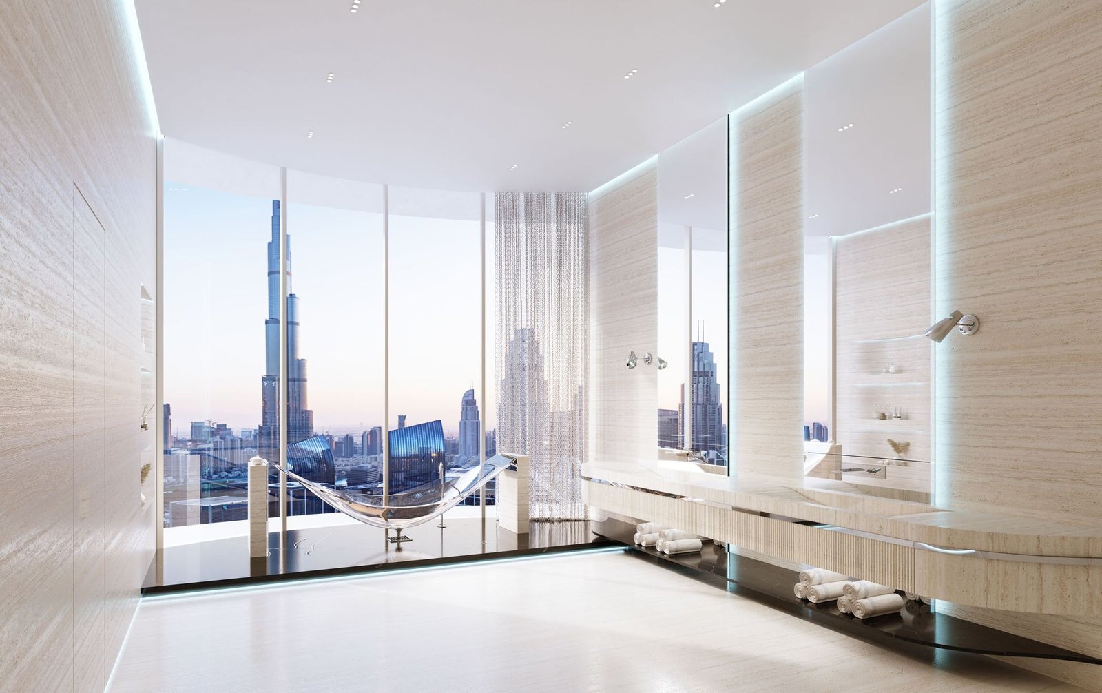 Living space with floor-to-ceiling views of Burj Khalifa