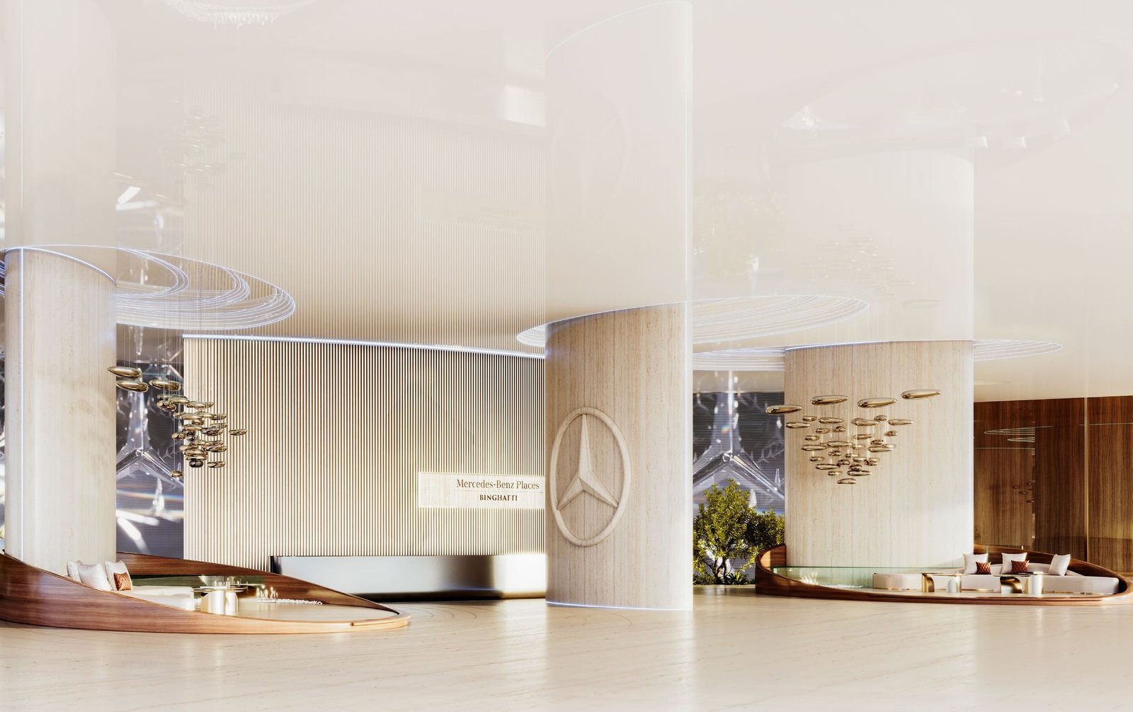 Travertine lobby of Mercedes-Benz Places with the three-pointed star relief