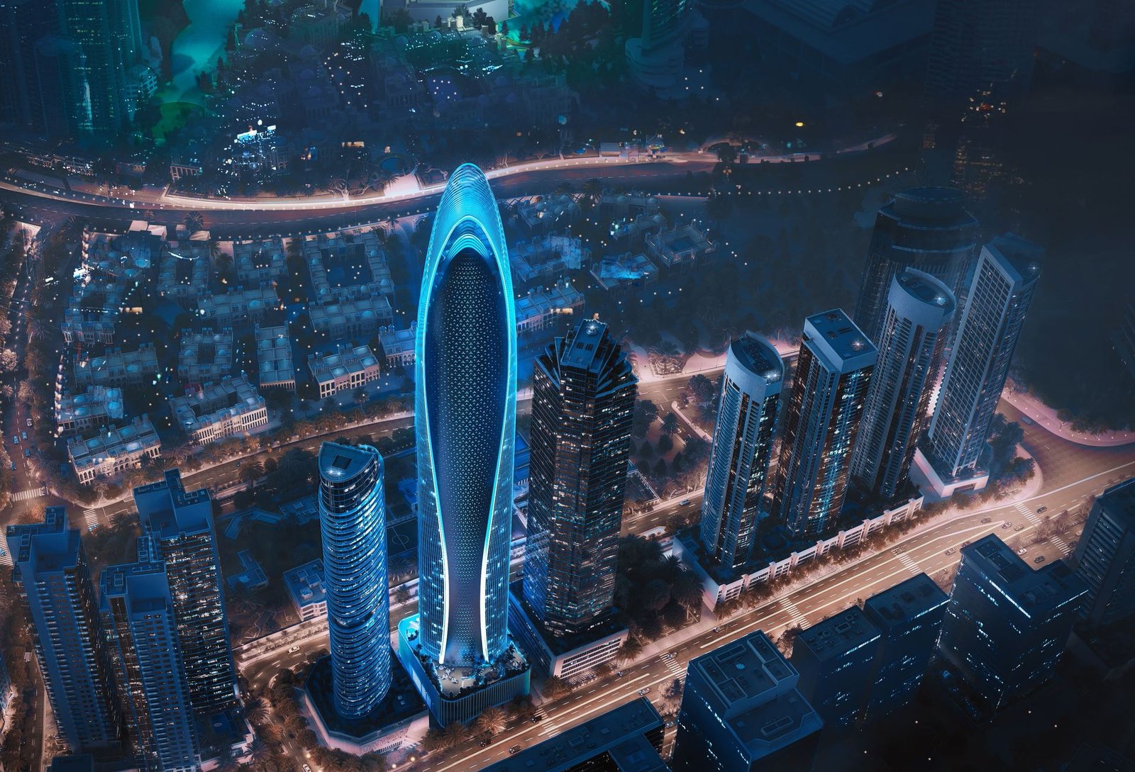Mercedes-Benz Places illuminated at night above the Downtown Dubai district