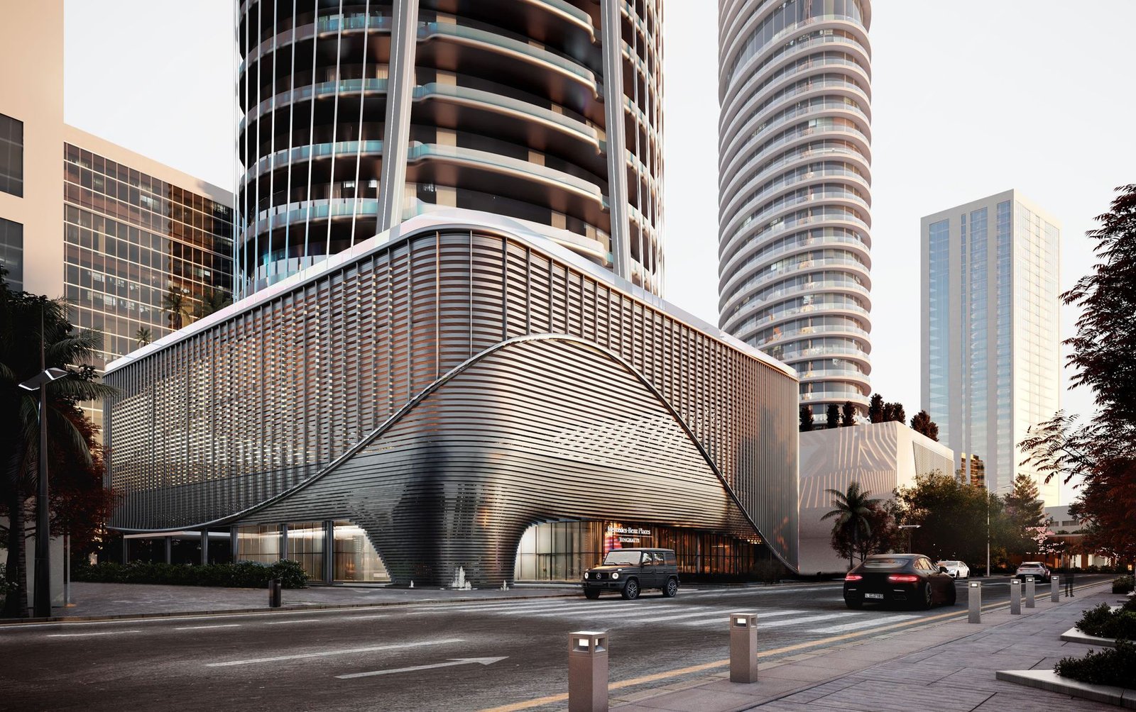 The sculpted podium and arrival entrance of Mercedes-Benz Places