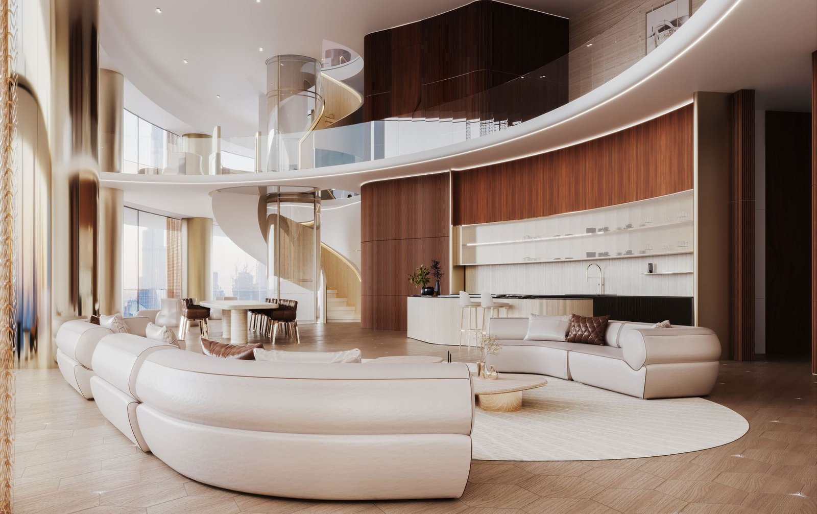 Residence living space with walnut panelling and curated furniture