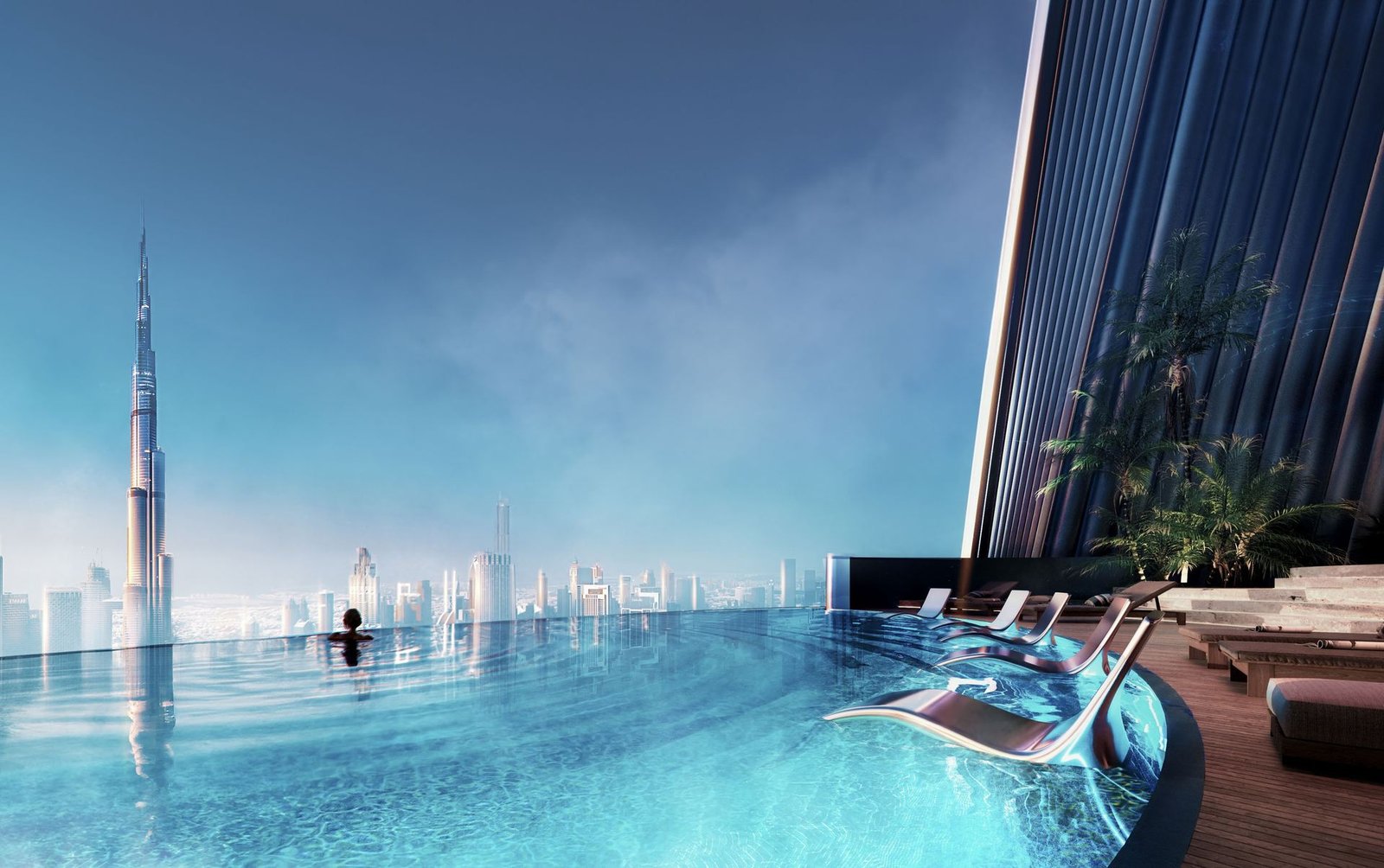 Penthouse sky infinity pool suspended over the Dubai skyline at Mercedes-Benz Places