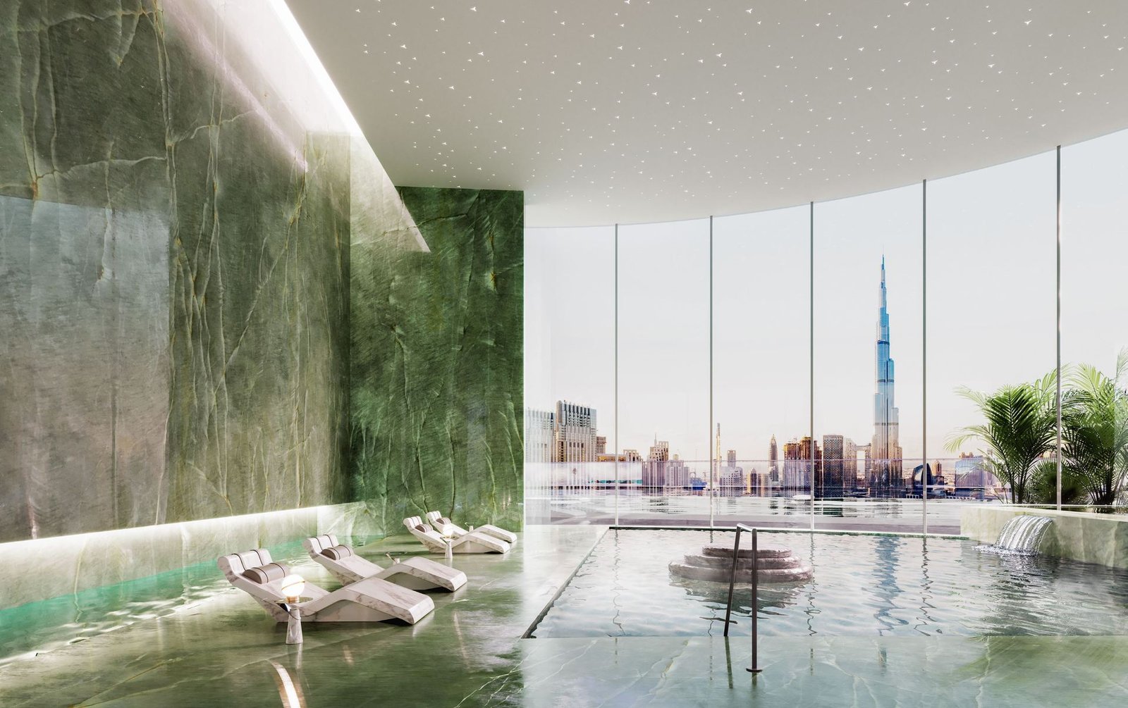 Green marble spa pool overlooking the Dubai skyline